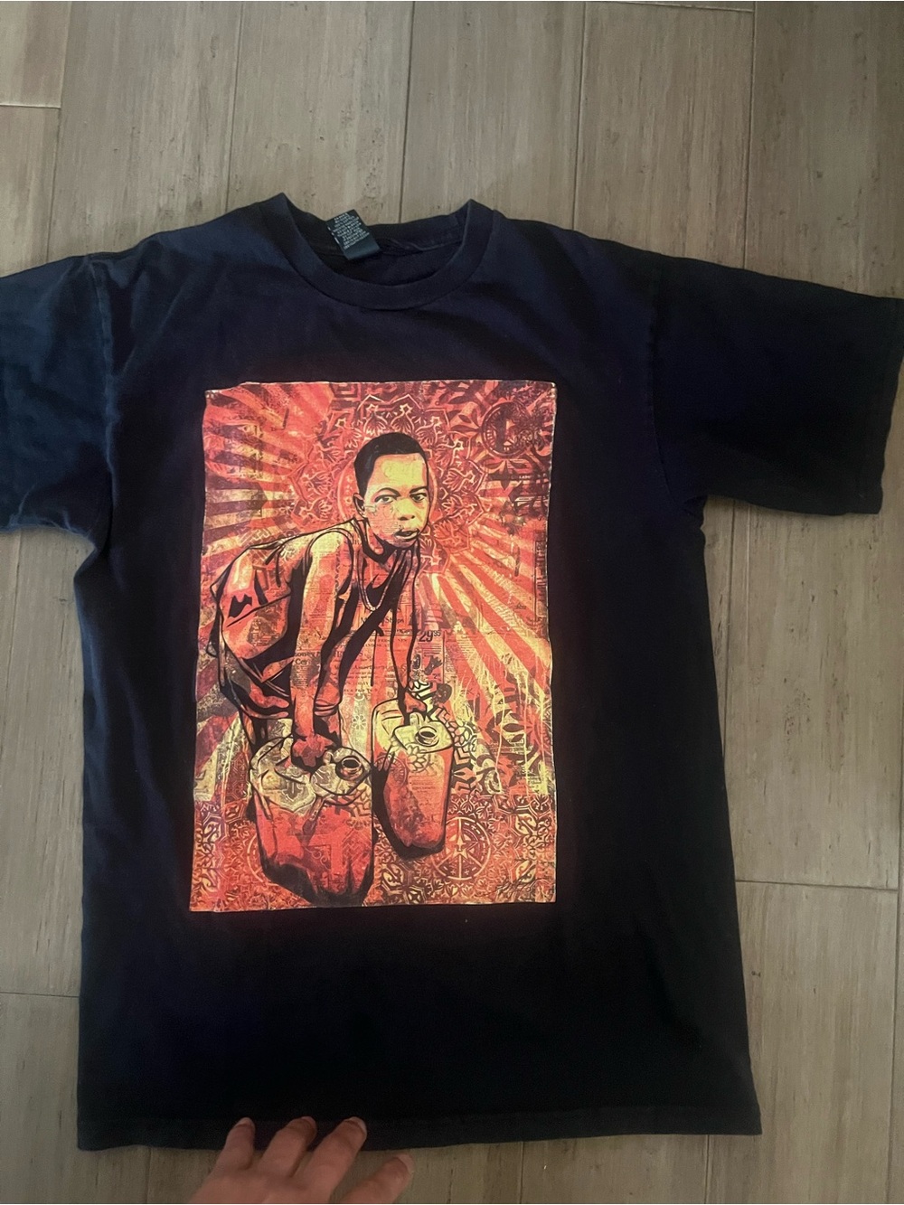 Obey Black Tee with Red and Orange Illustrated Front Panel